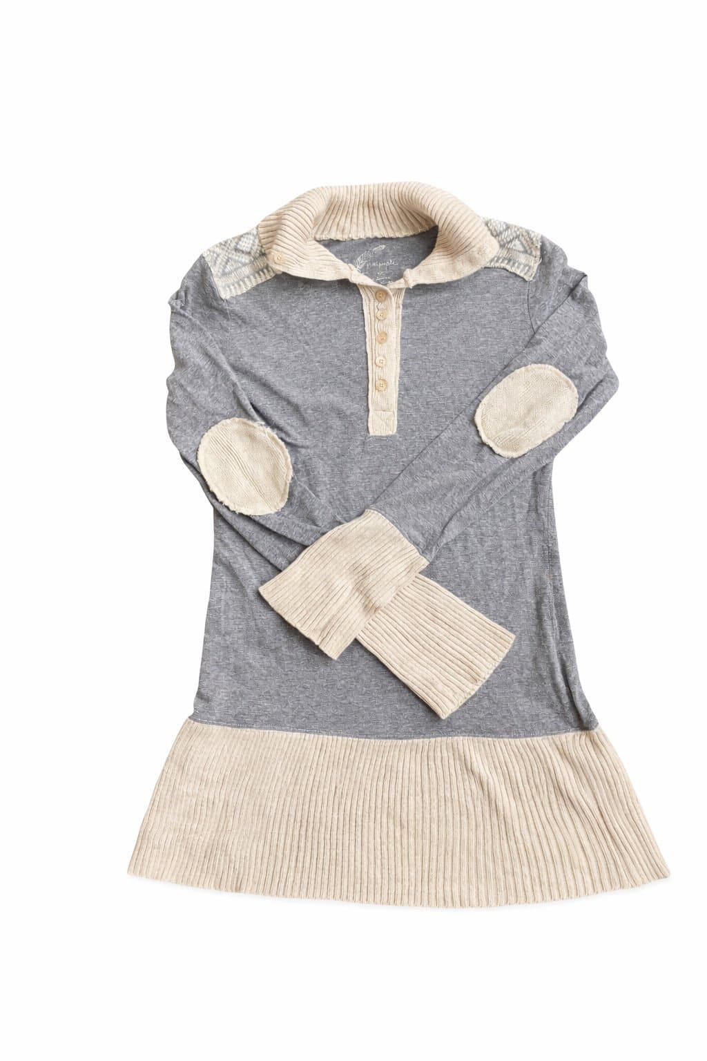 Free People Gray & Oatmeal Knit Henley Tunic Top | Elbow Patches | Size Small