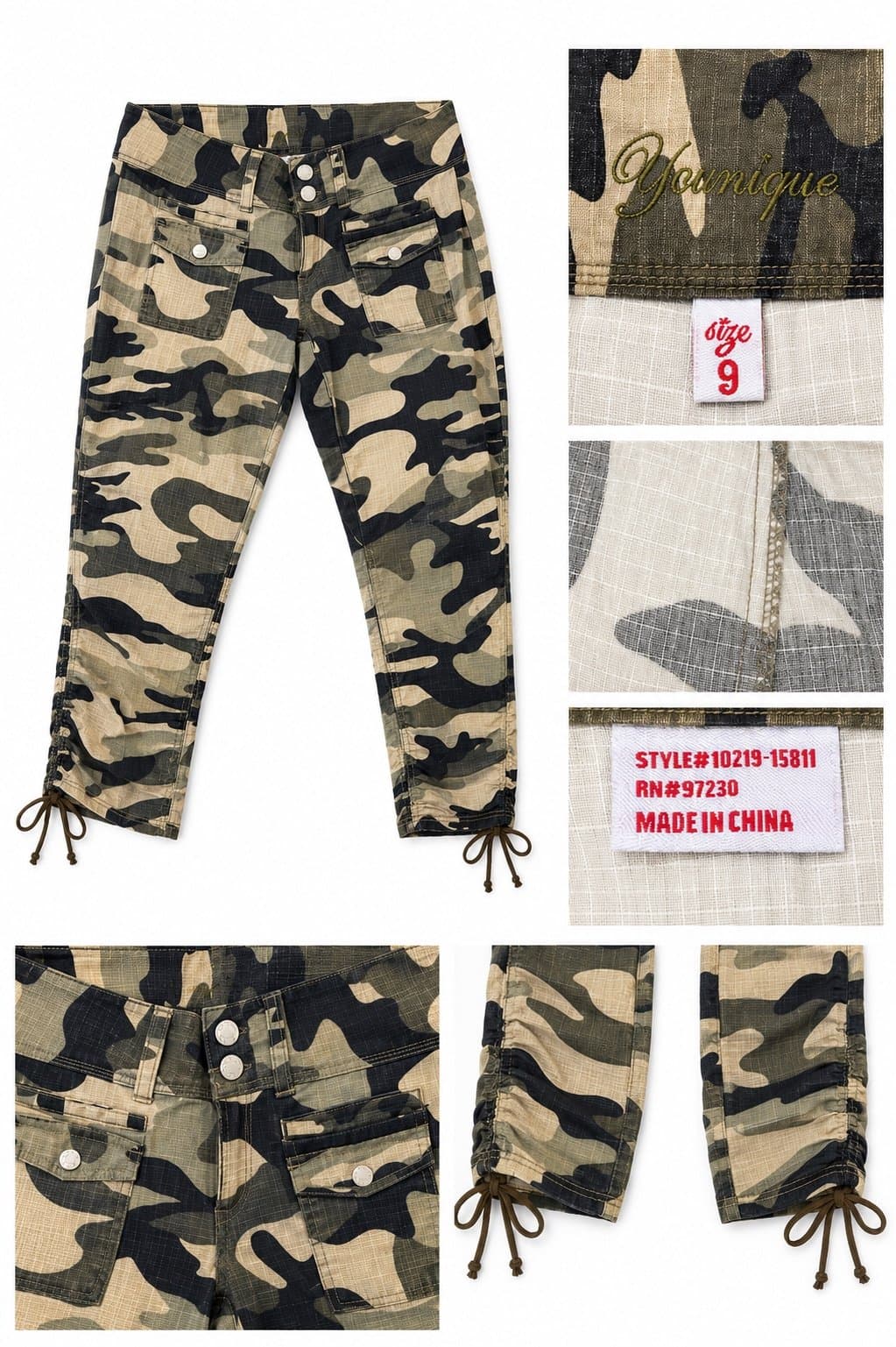 Younique Camo Ruched Cargo Capri Pants Women’s Size 9 Y2K Street Style