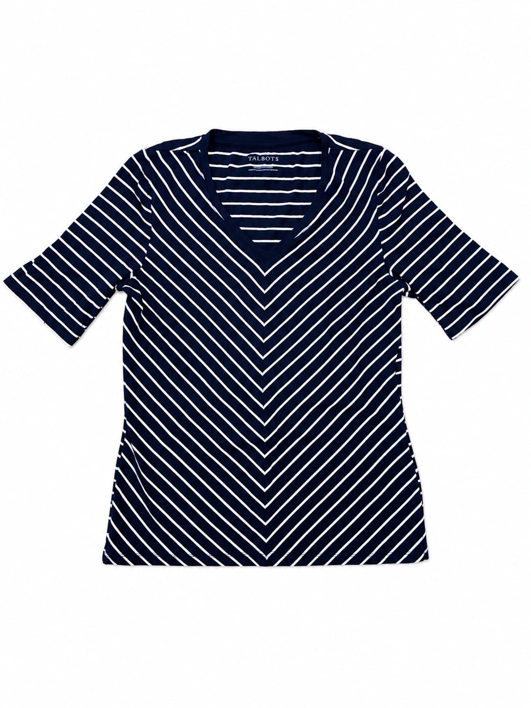Talbots Tee Women’s Medium Navy & White Striped V-Neck Top