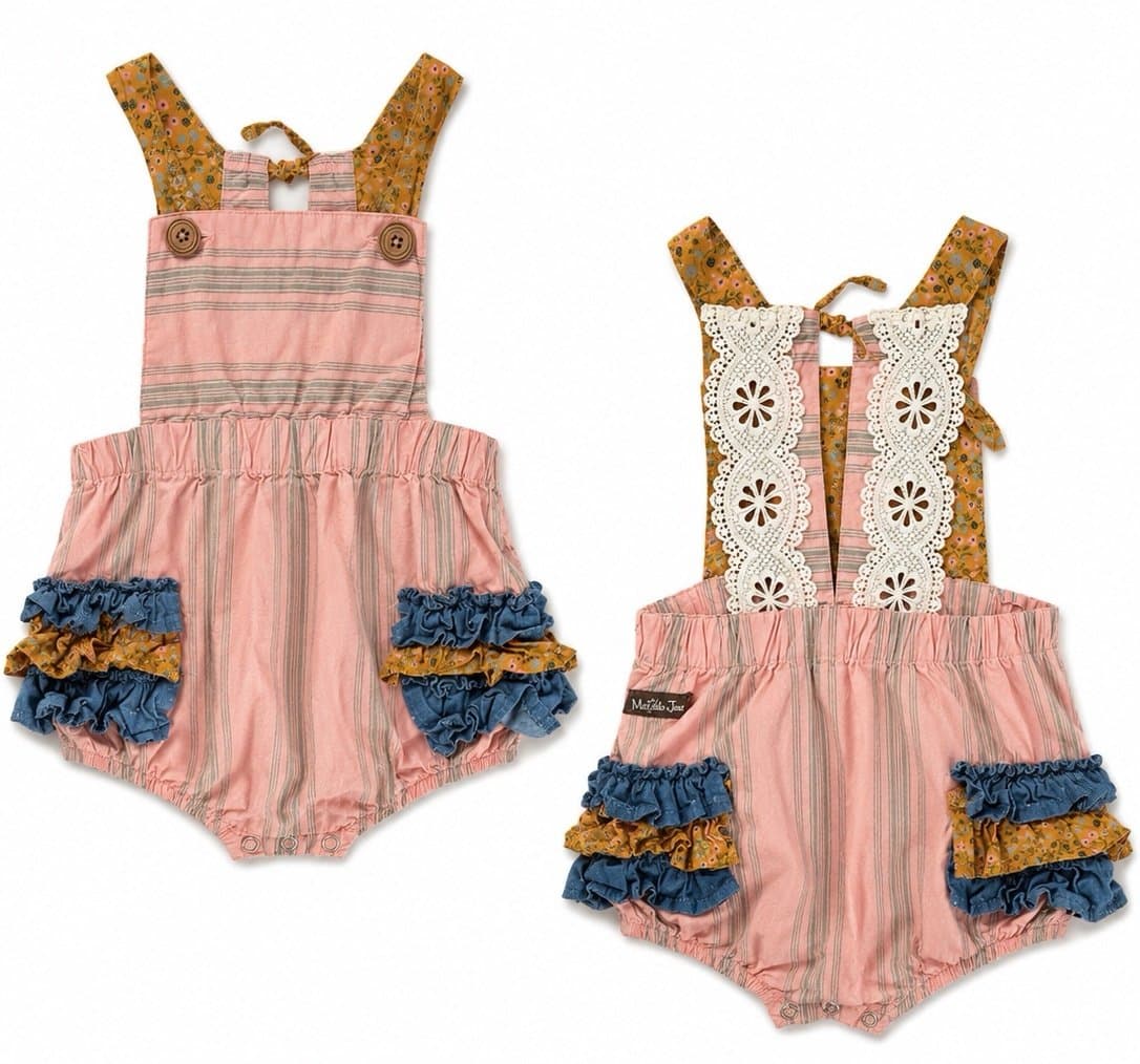Matilda Jane 18-24M Pink Stripe Ruffle Bubble Romper Lace Back Boutique Outfit
