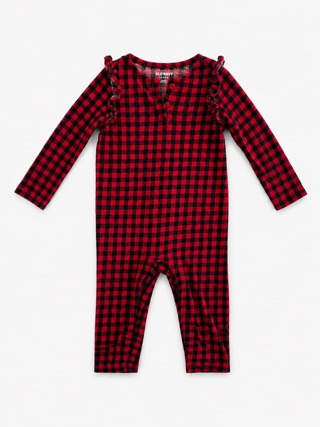 Old Navy Girls Buffalo Plaid Romper 18-24M Red Black Check Ruffle Long Sleeve