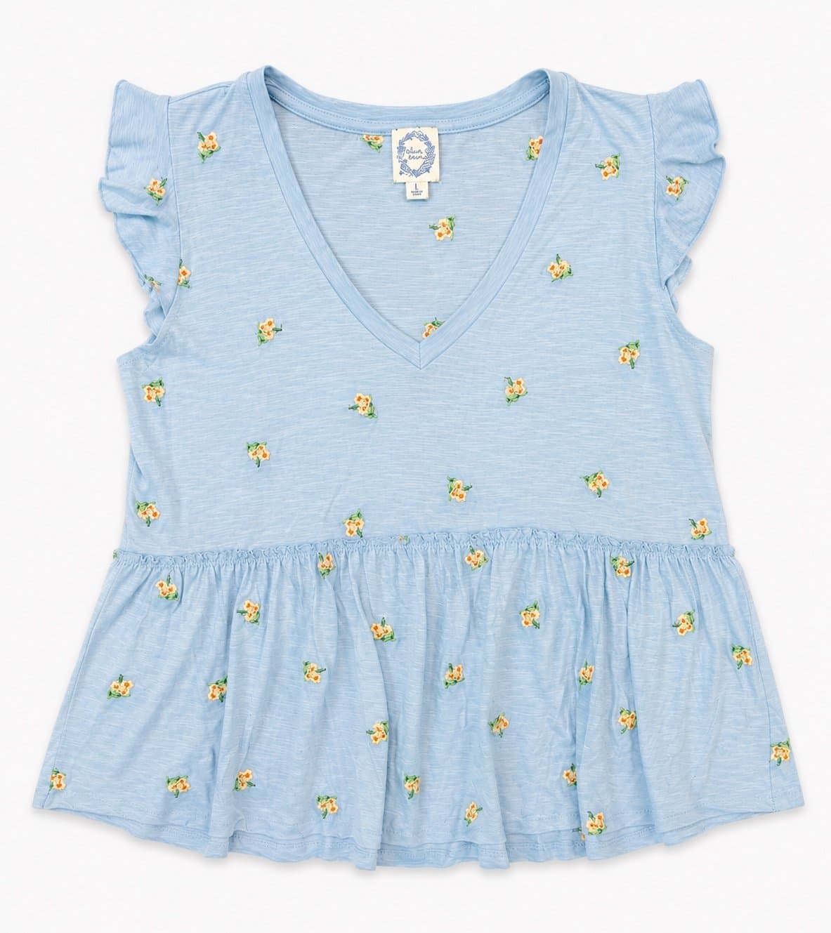 Blue Rain Embroidered Floral Peplum Top – Women’s Large – Light Blue