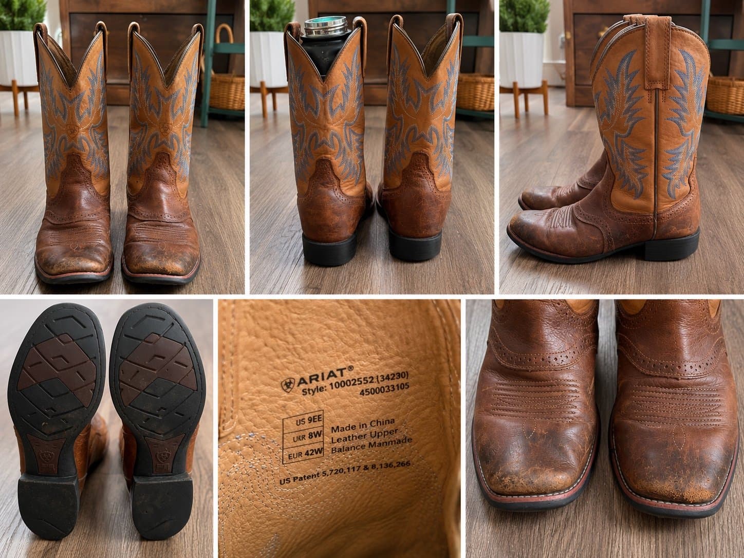Ariat Men’s 9EE Wide Square Toe Western Cowboy Boots Brown Leather Blue Stitch