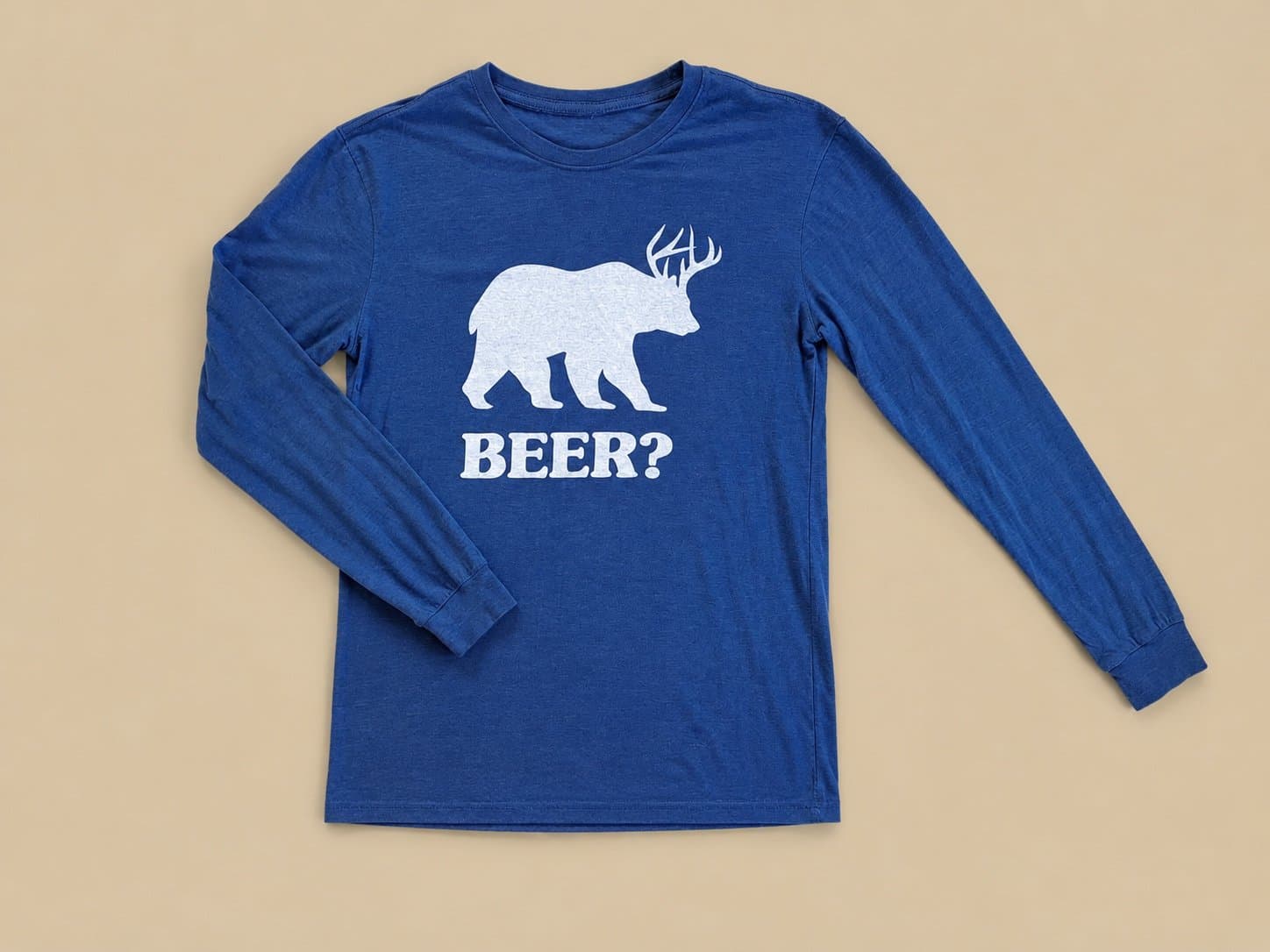 Beer? Bear Deer Antlers Graphic Long Sleeve T-Shirt Size Medium Blue Funny