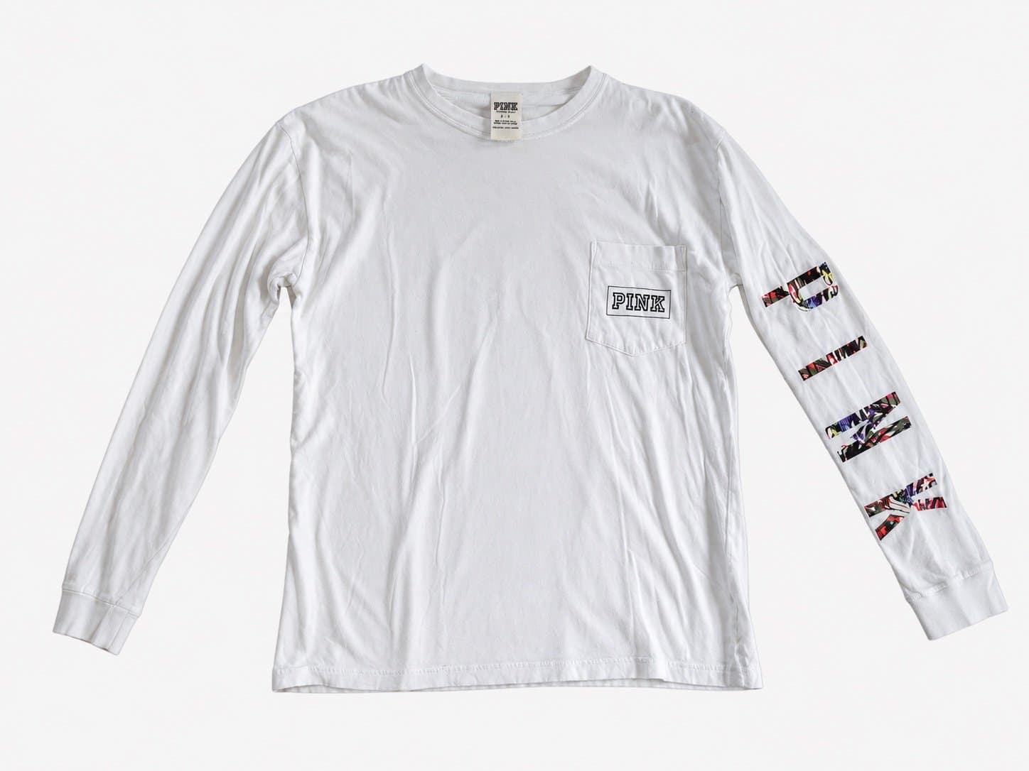 PINK Victoria’s Secret White Long Sleeve Pocket Tee Shirt Graphic Women Small