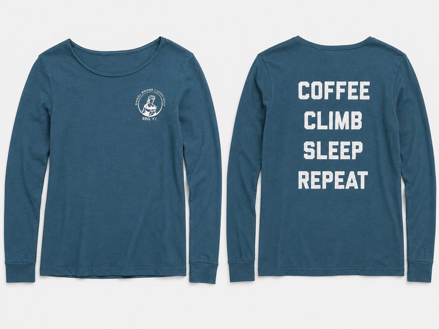 Daniel Boone Coffee Shop RRG KY Long Sleeve Graphic Tee Women’s Small Teal Blue