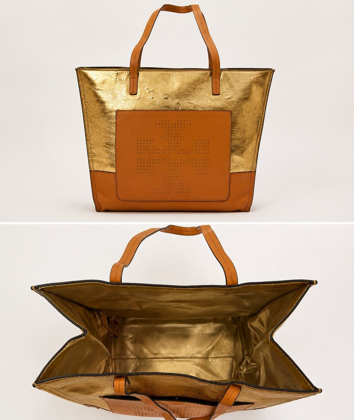 Tory Burch Gold Metallic & Tan Leather Tote Bag Large Shopper Carryall Purse