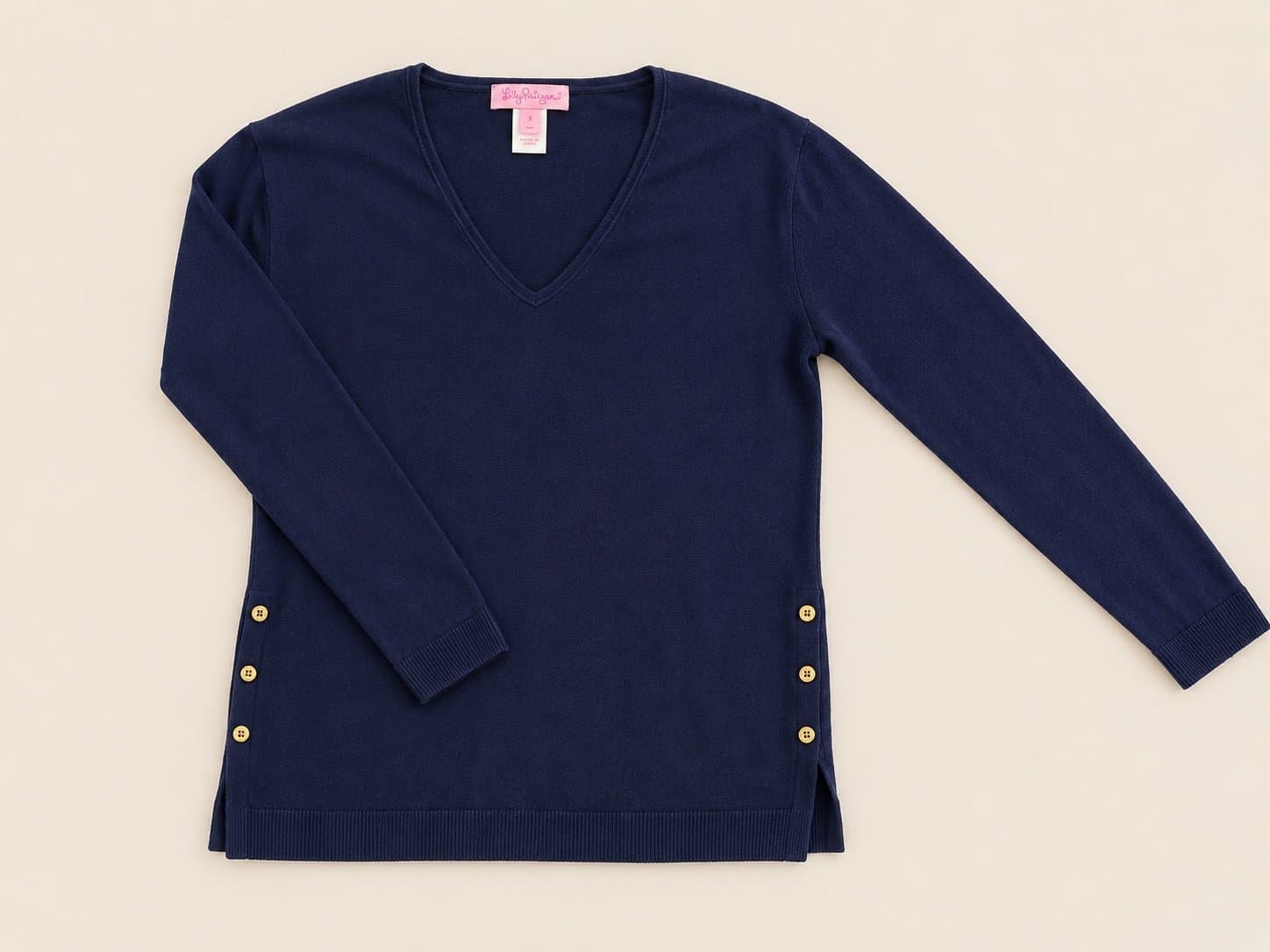 Lilly Pulitzer Navy V-Neck Side Button Sweater Size Small Preppy Coastal Chic