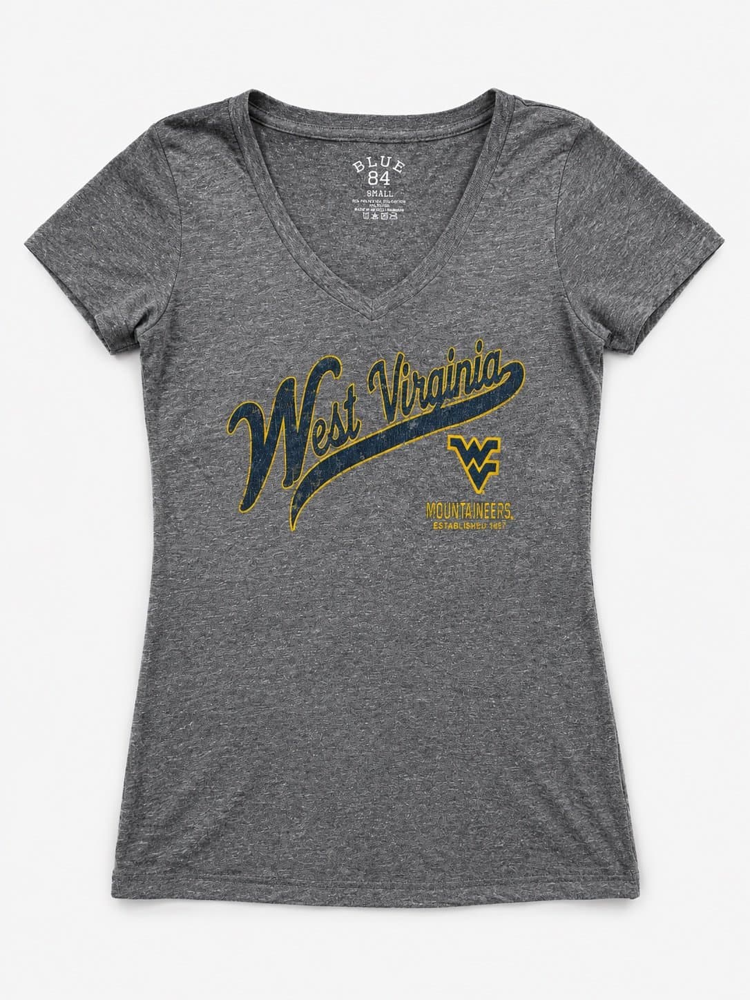 WVU West Virginia Mountaineers Blue 84 Women’s V-Neck T-Shirt Size Small Gray