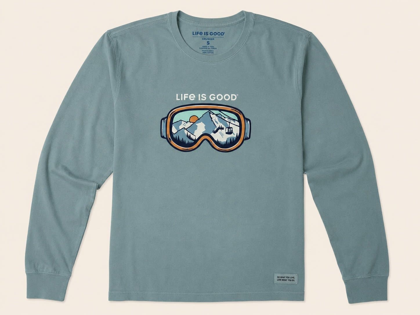 Life Is Good Men’s Small Long Sleeve Crusher Tee Blue Mountain Goggles Graphic S