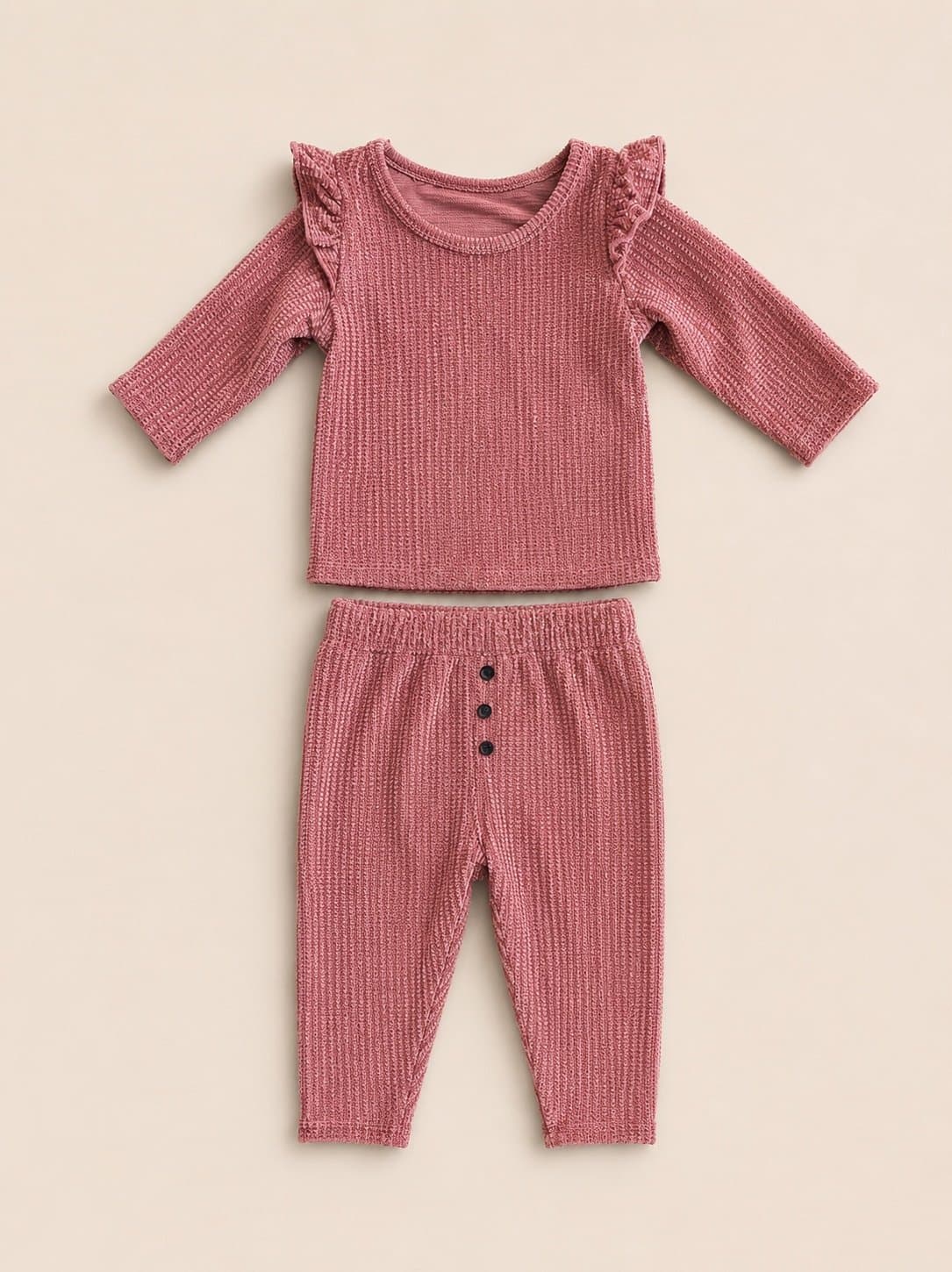 Boutique Baby Girls 2-Piece Waffle Knit Set Dusty Rose Pink Ruffle Outfit | 3-6M