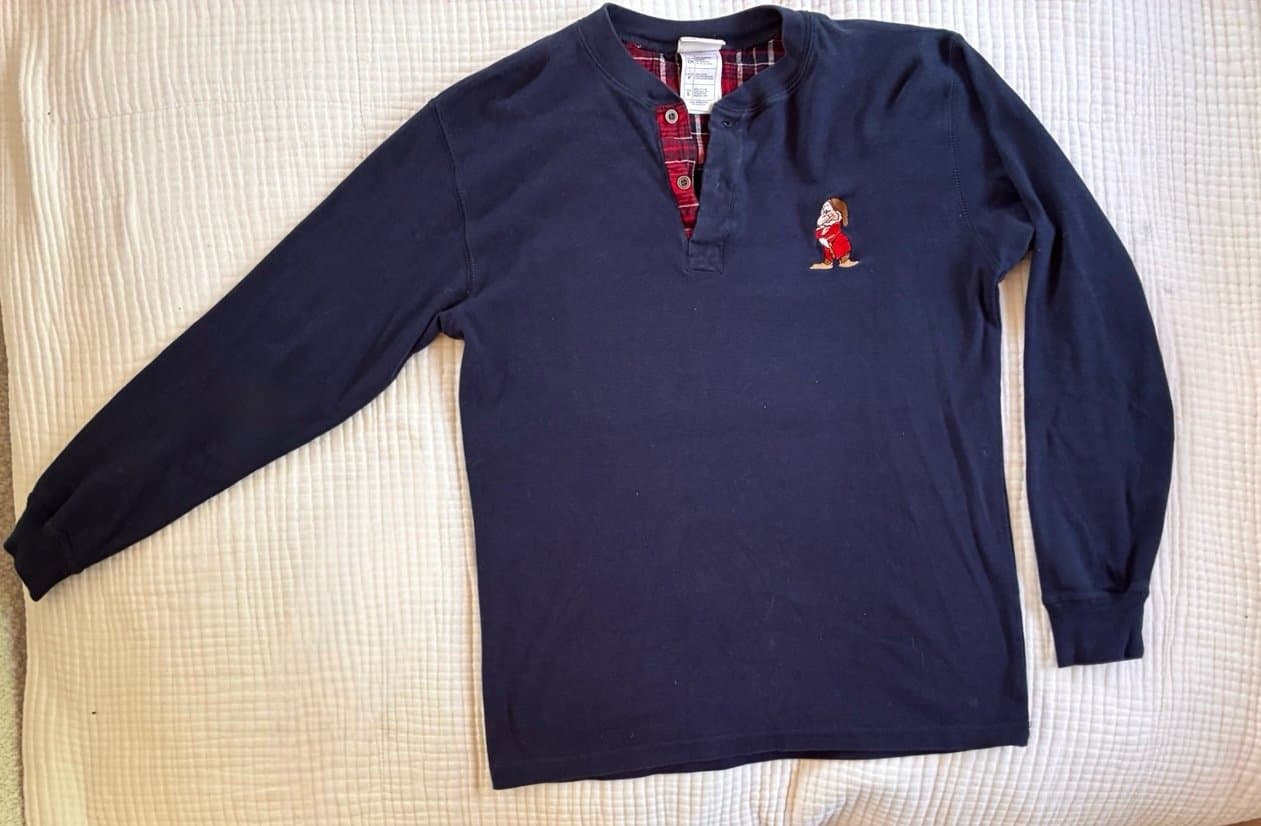 Disney Direct Grumpy Long Sleeve Henley Shirt Navy and Red Plaid – Size Small