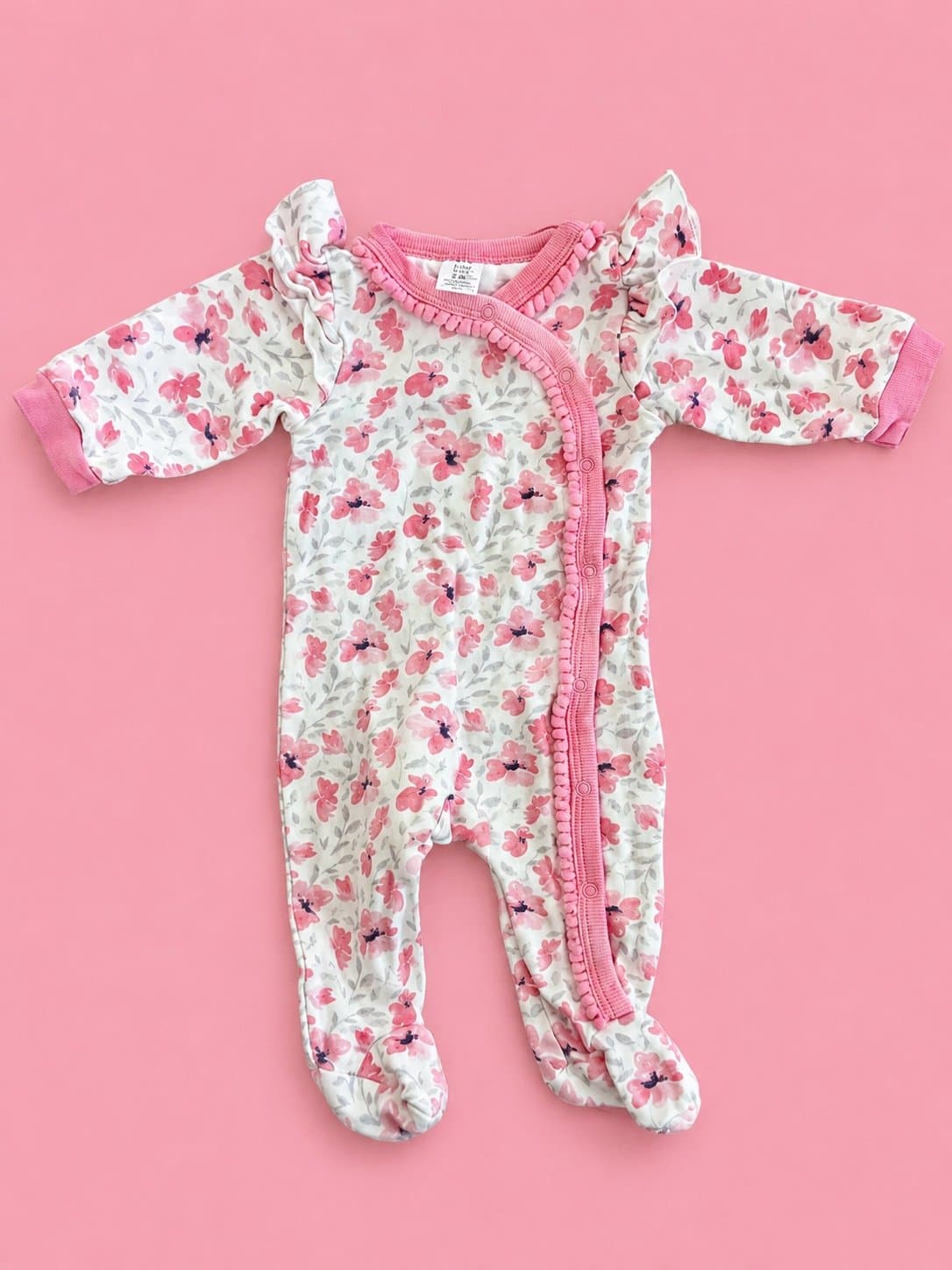 Baby Kiss Pink Ruffle Floral Sleeper | 3-6 Months Footie Pajamas
