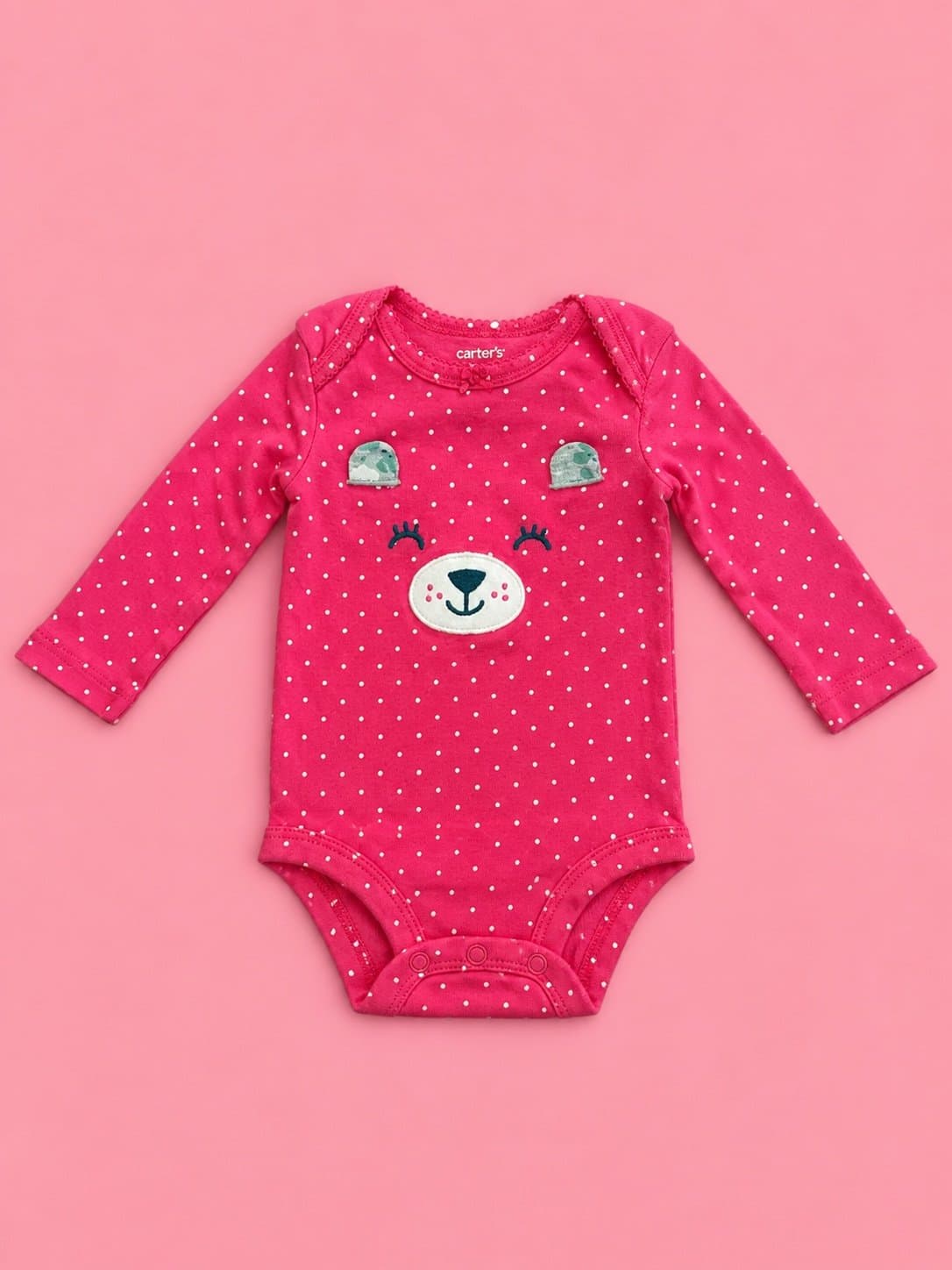 Carter’s Baby Girl Pink Bear Polka Dot Long Sleeve Onesie Bodysuit 3M