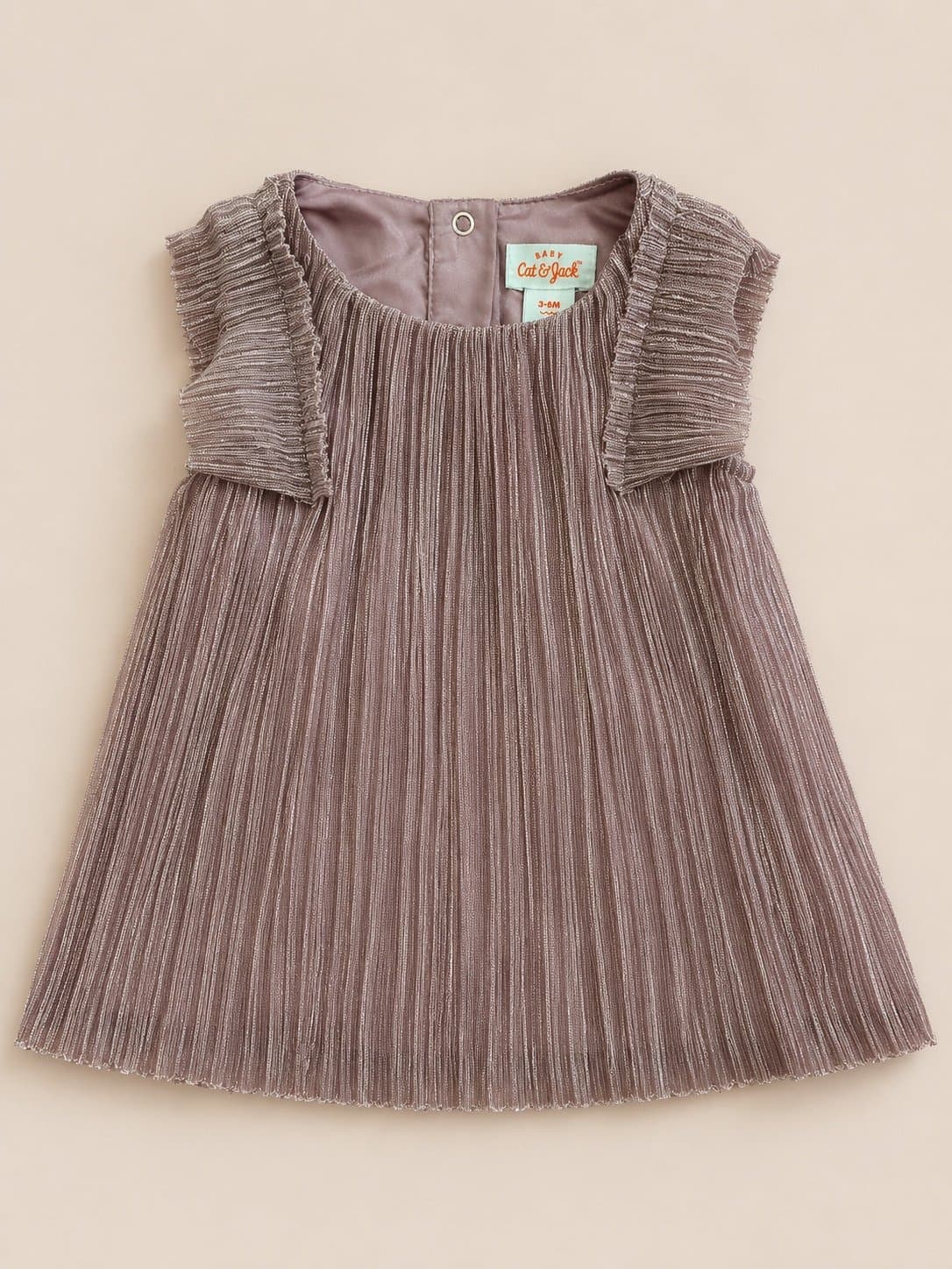 Cat & Jack Baby Girl Metallic Pleated Dress Mauve Pink Ruffle Sleeve 3-6M