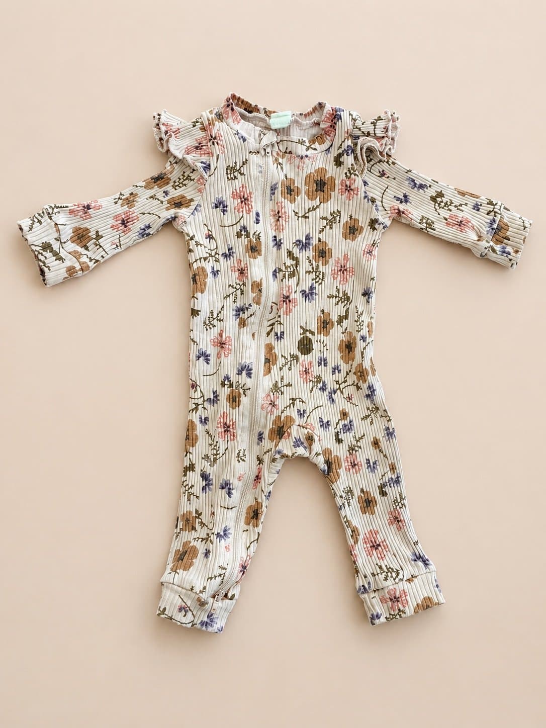 Boutique Ribbed Floral Ruffle Zip Romper Baby Girl 3-6 Months Boho Neutral