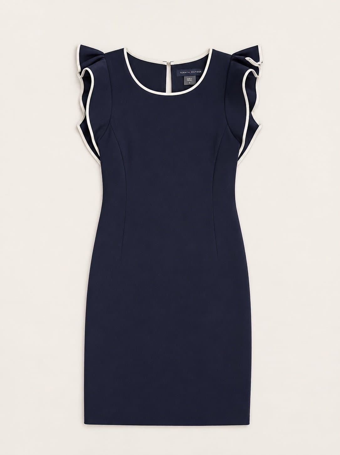 Tommy Hilfiger Navy Blue Sheath Dress White Trim Ruffle Sleeve Size 6 Career