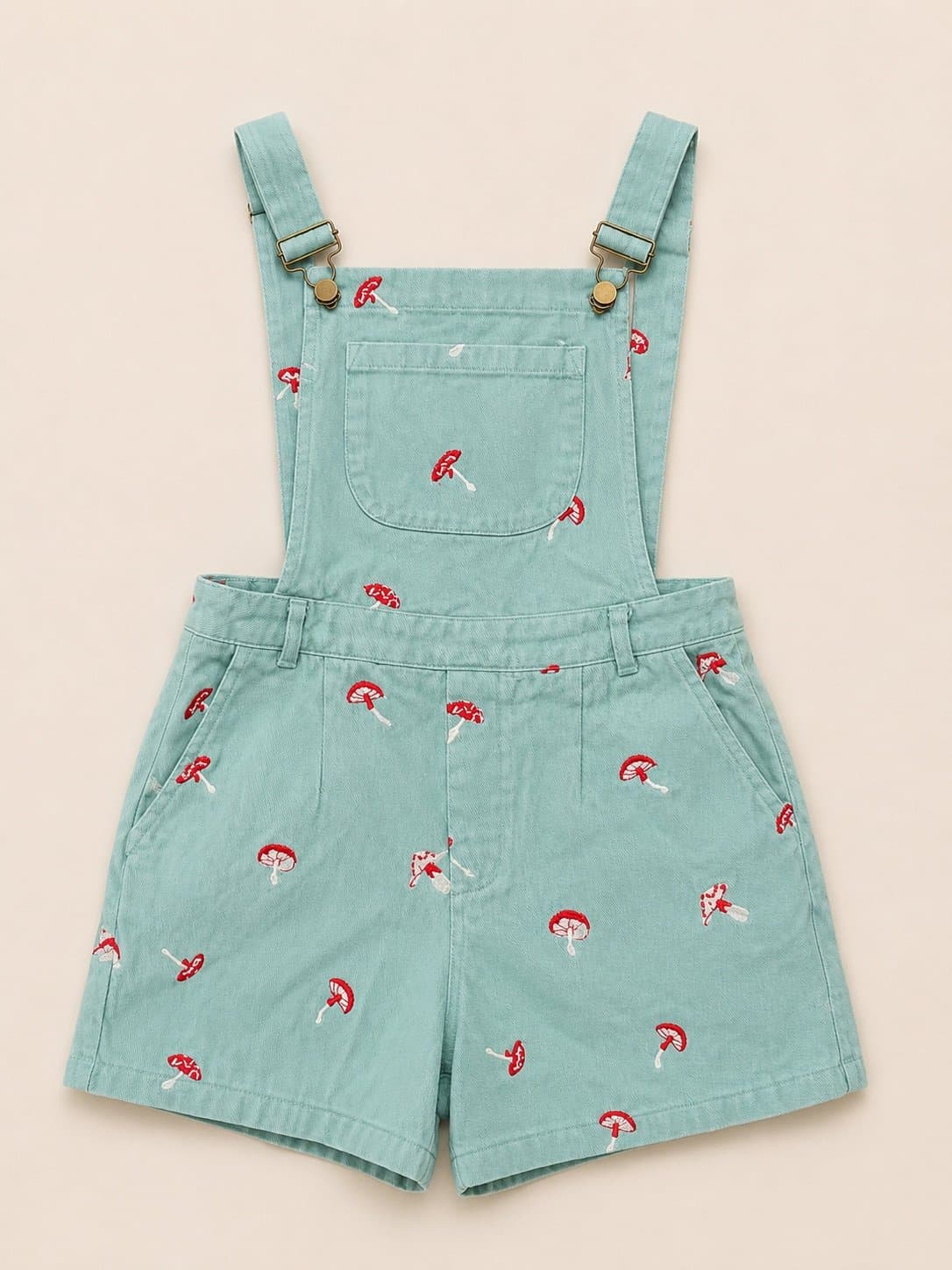 Adorable Cider Mushroom Embroidered Overall Romper Shorts – Size Small