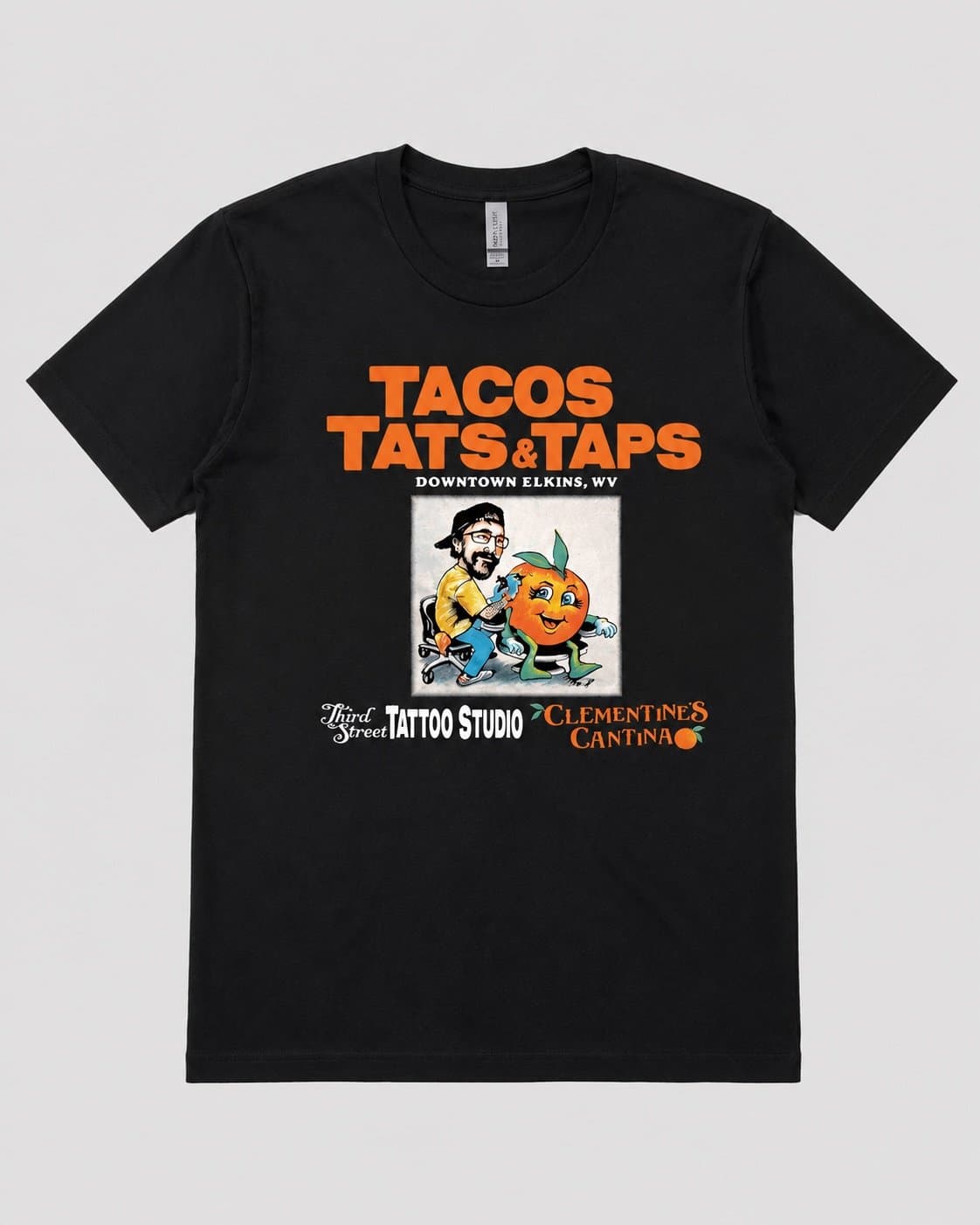 Tacos Tats & Taps Graphic Tee – Size Medium – Downtown Elkins WV – Local Shirt