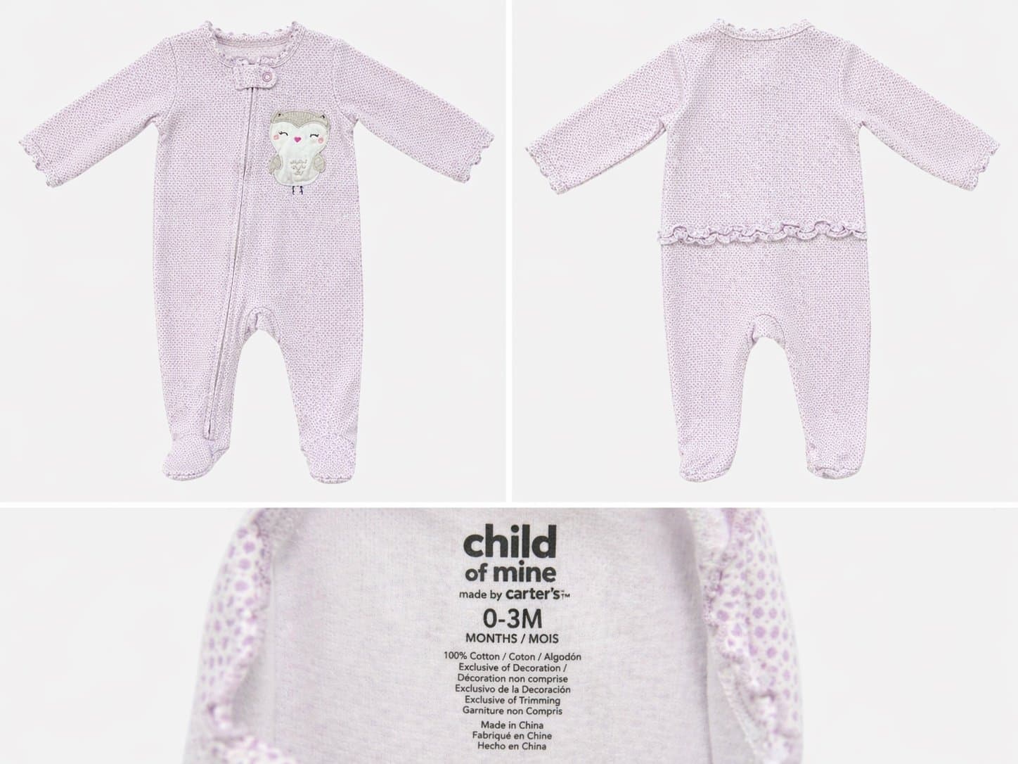 Carter’s Child of Mine 0-3M Purpl Footed Sleeper Baby Girl Pajamas OWL One Piece