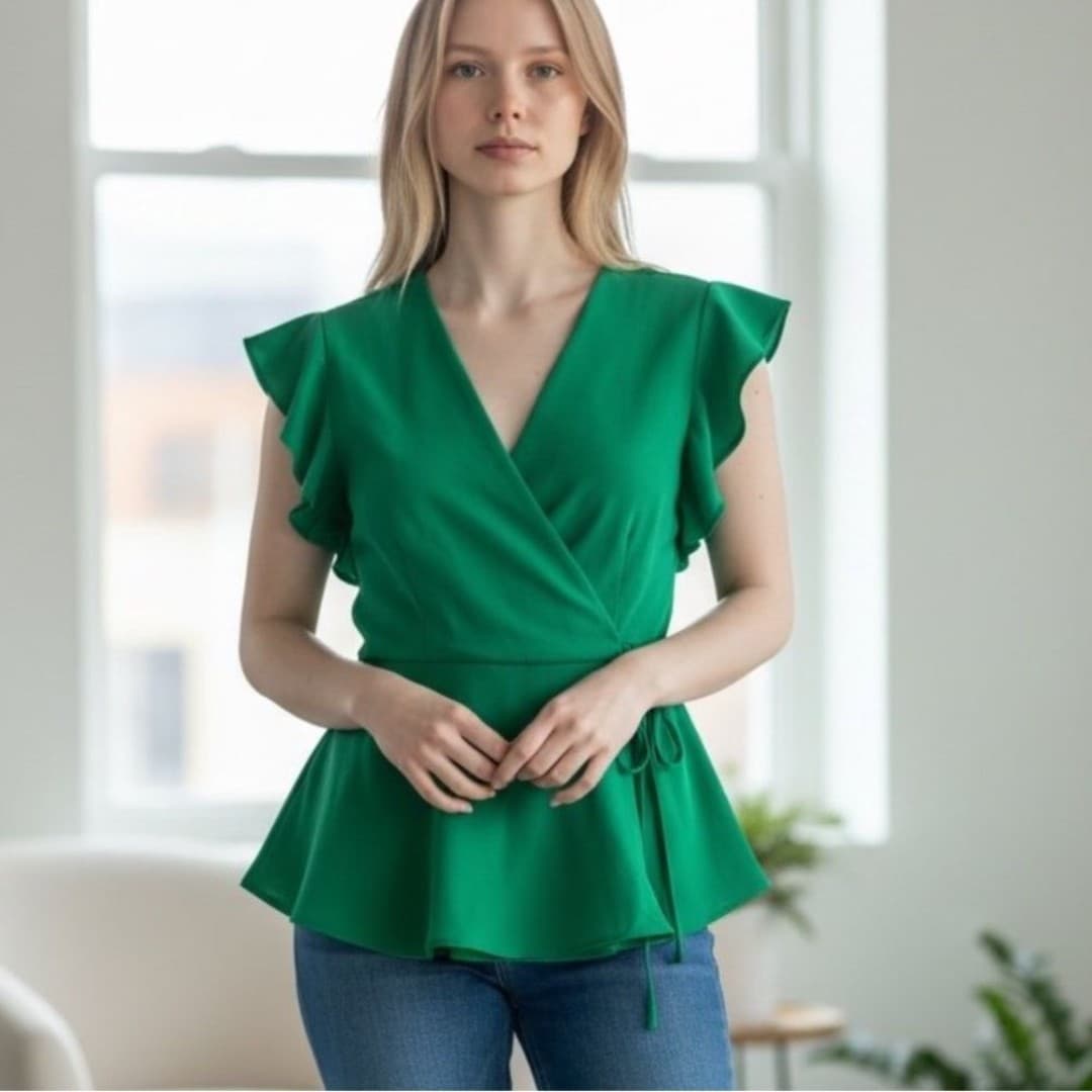 Monteau Los Angeles Green Faux Wrap Top Medium | Flutter Sleeve Peplum Blouse