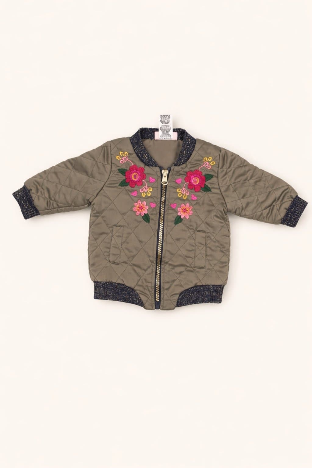 Little Lass Baby Girl Quilted Bomber Jacket Floral Embroidered 12M Olive Green