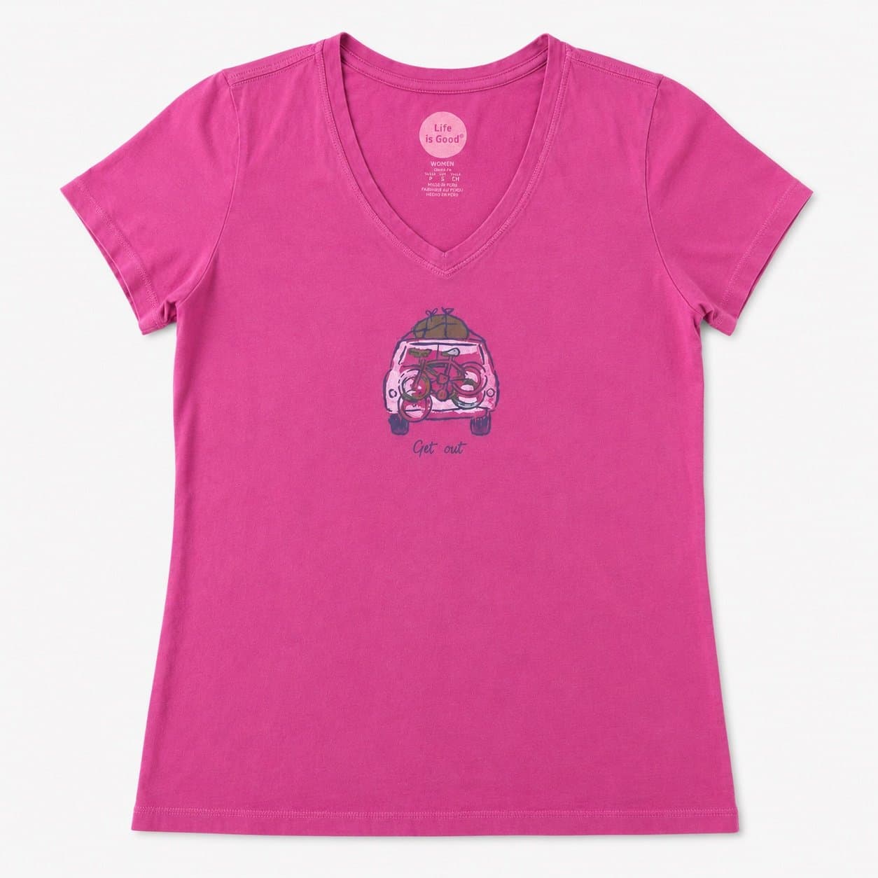 Life is Good Women’s Crusher Vee Tee – Pink “Get Out” Camper Graphic Size Small