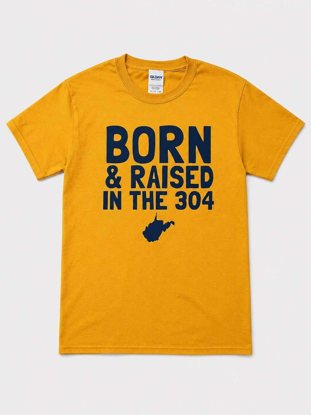 Born & Raised in the 304 Tee – Small – Gold and Blue WV Shirt