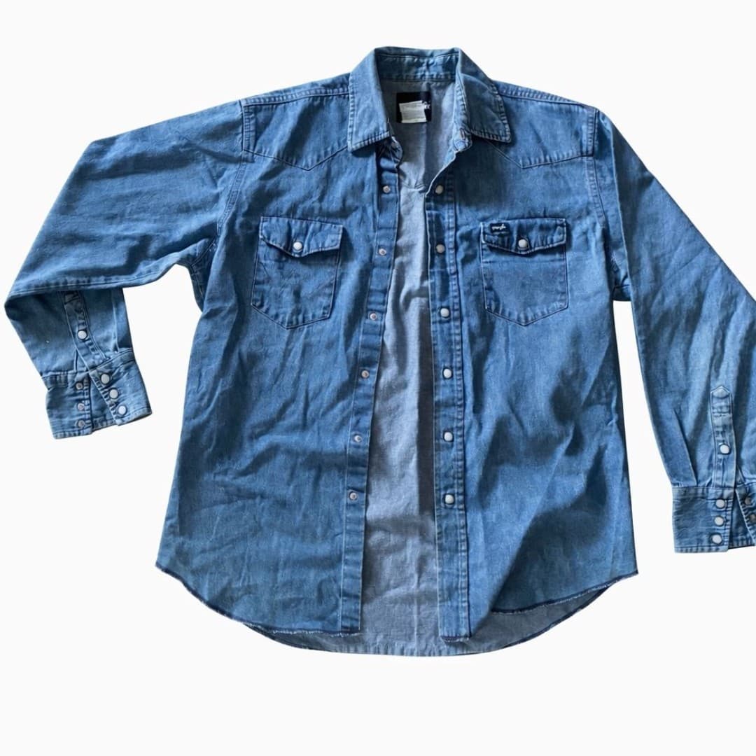 Wrangler Western Denim Button Snap Shirt Mens Large Blue Pearl Snap Cowboy