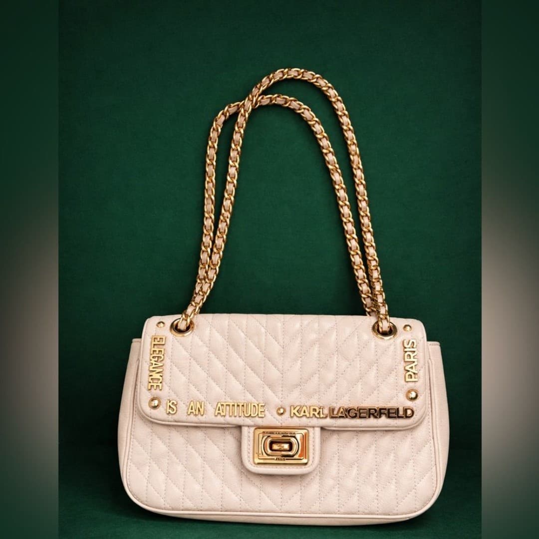 Karl Lagerfeld Beige Quilted Shoulder Bag with Gold Chains