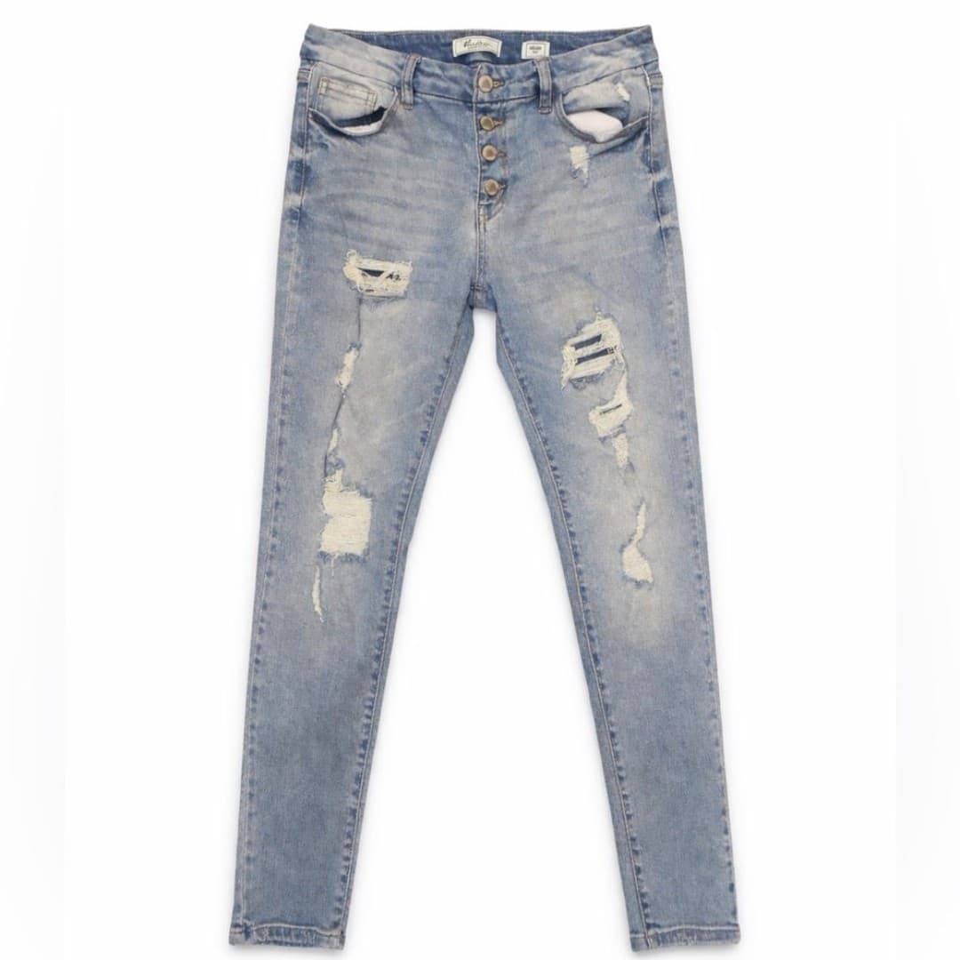 KanCan Signature Mid-Rise Skinny Jeans Size 28 Light Wash Distressed Button Fly
