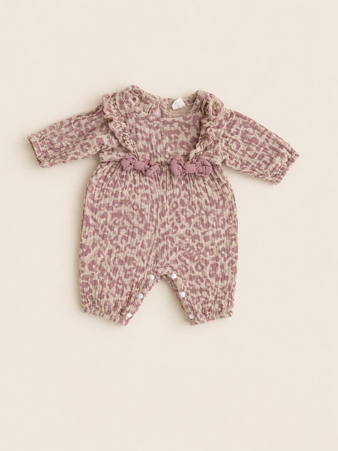 Boutique Pink Leopard Print Baby Romper/Bubble – Long Sleeve Ruffle Bow Outfit