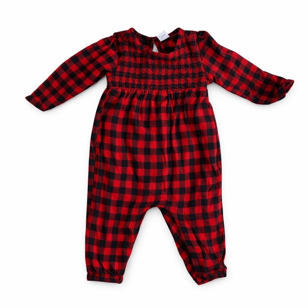 Old Navy Baby Buffalo Plaid Romper 12–18M Red Black Smocked Outfit