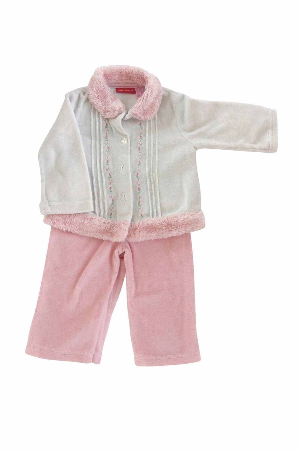 Little Lindsey Baby Girl Outfit 0-6M Pink Velour Faux Fur Collar Floral Cozy