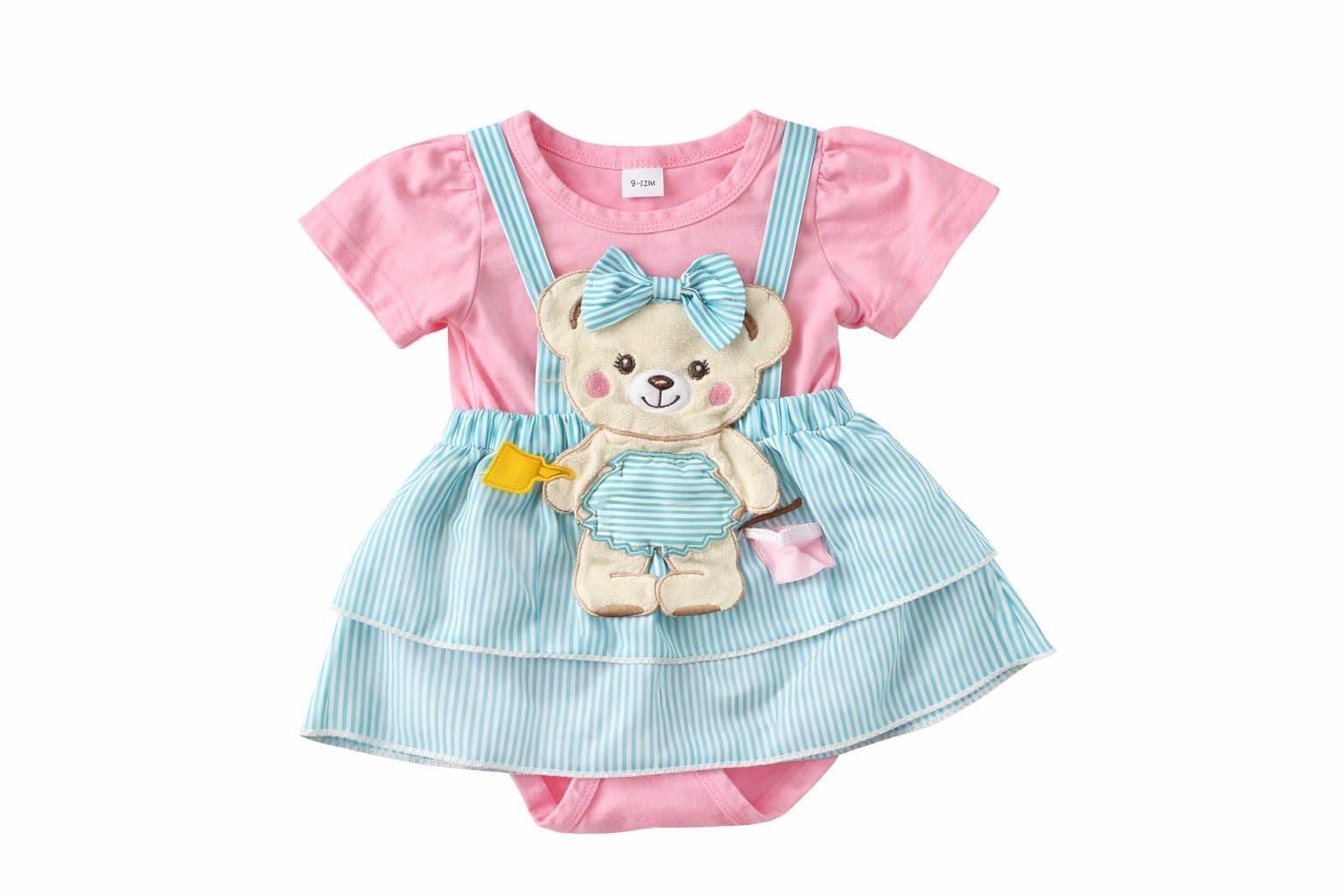 Boutique Baby Girl 9-12M Teddy Bear Dress Outfit Pink Teal Striped SpringSummer