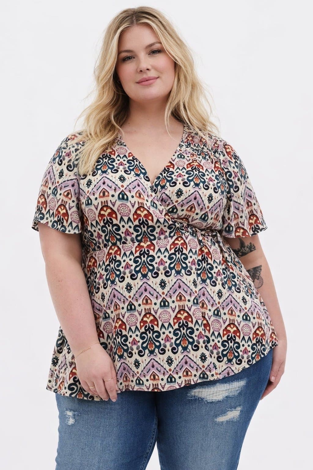 Torrid Size 2 (2X) Boho Ikat Print Faux Wrap Blouse Tie Front Flowy Top Plus