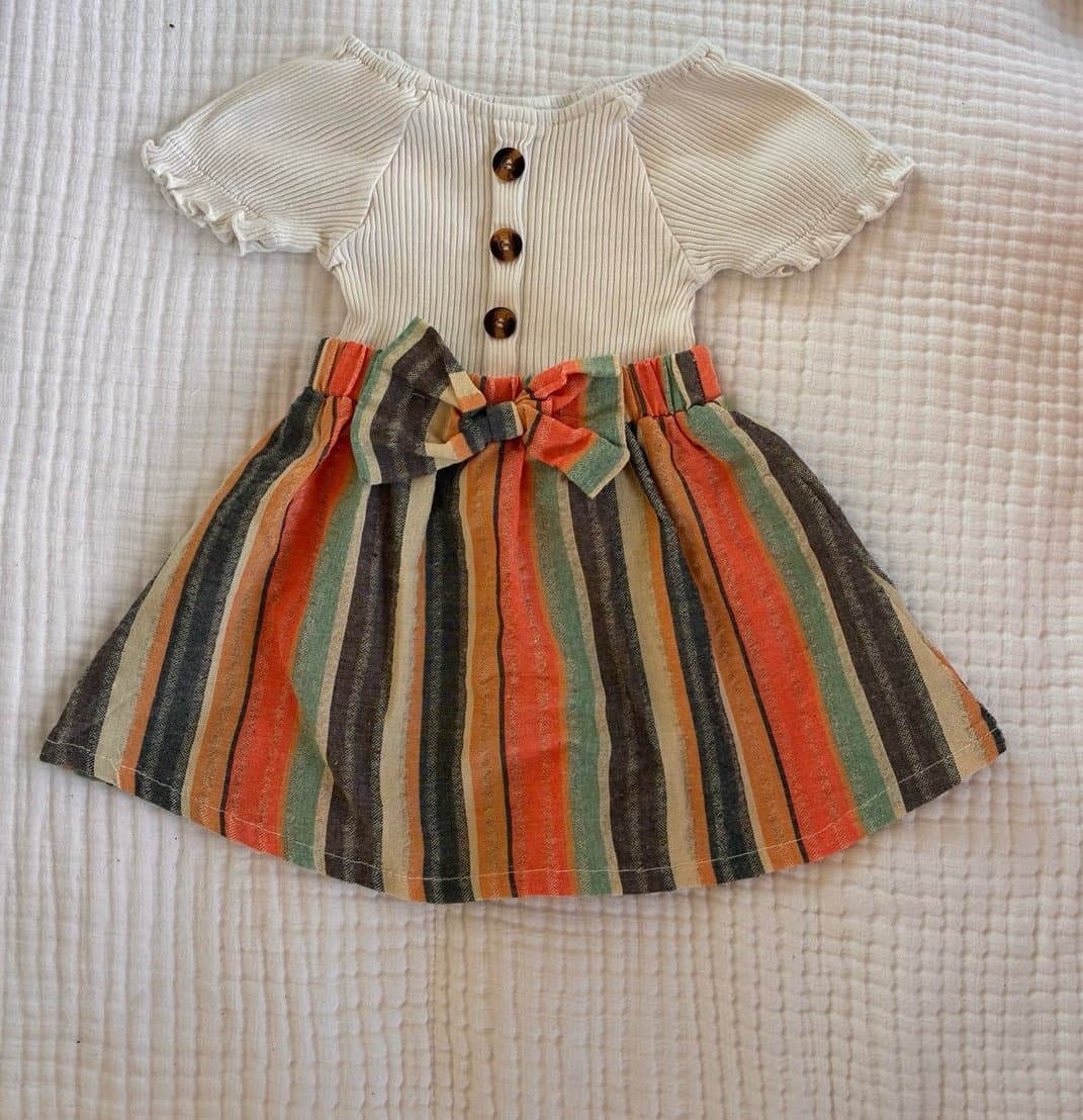 Boutique Boho Baby Dress 6–9M | Neutral Ribbed Top Stripe Skirt Fall Outfit