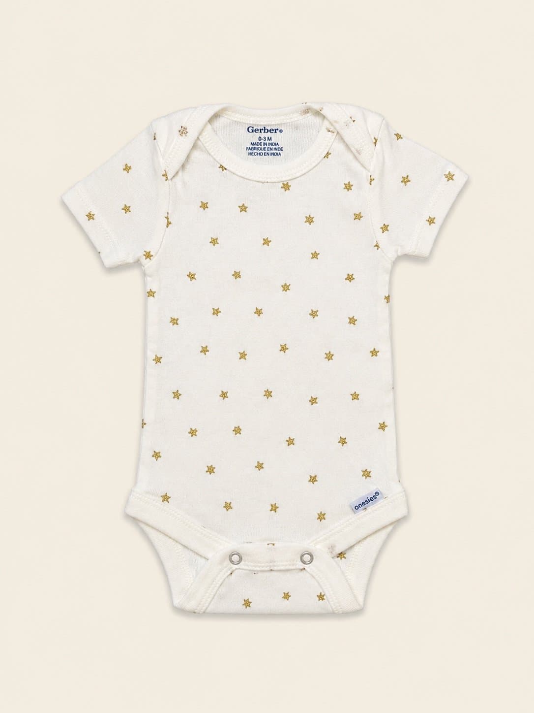 Gerber Baby Onesie 0-3 Months White Gold Glitter Stars Short Sleeve Bodysuit