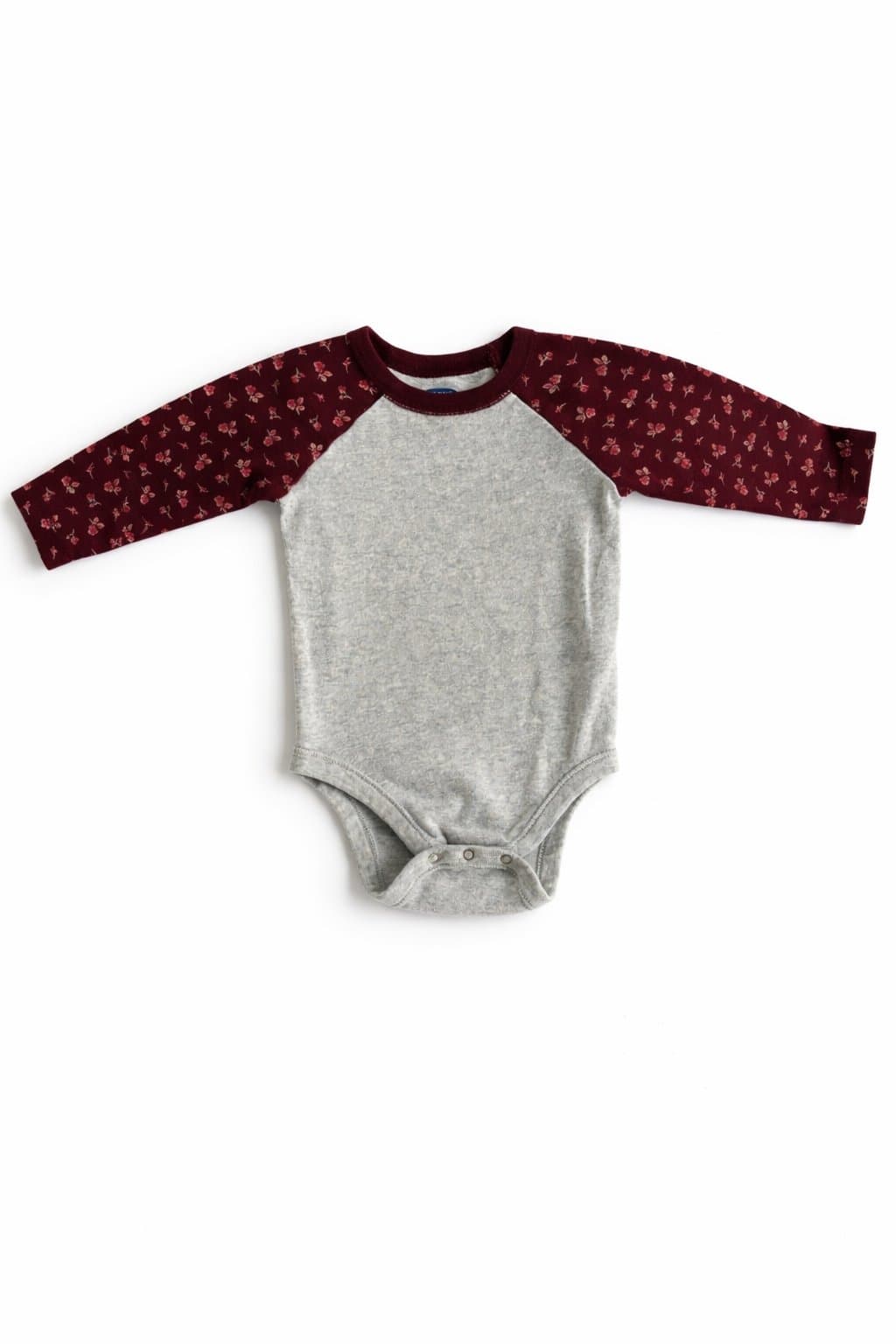 Old Navy Baby Bodysuit 12-18M Floral Raglan Long Sleeve Gray Burgundy One Piece