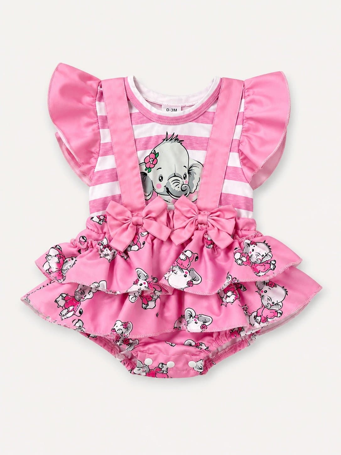 Boutique Pink and White Striped Elephant Ruffle Bubble Romper – 0-3 Months