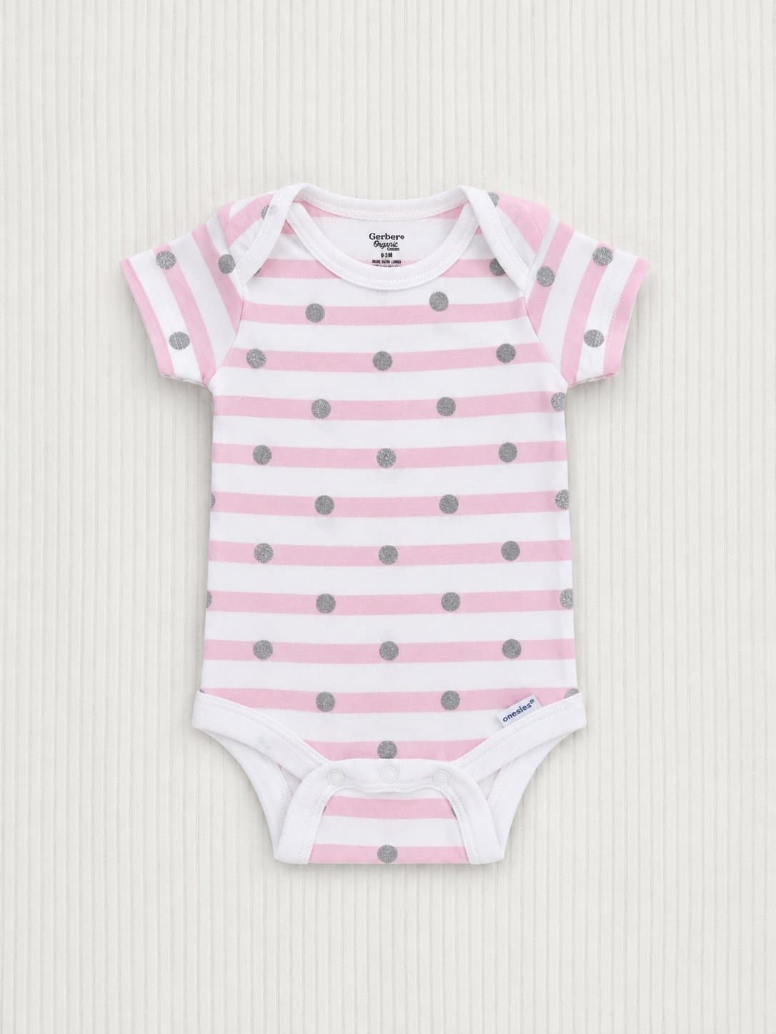 Gerber Organic Cotton Pink & White Stripe with Silver Polka Dot Baby Onesie 0-3M