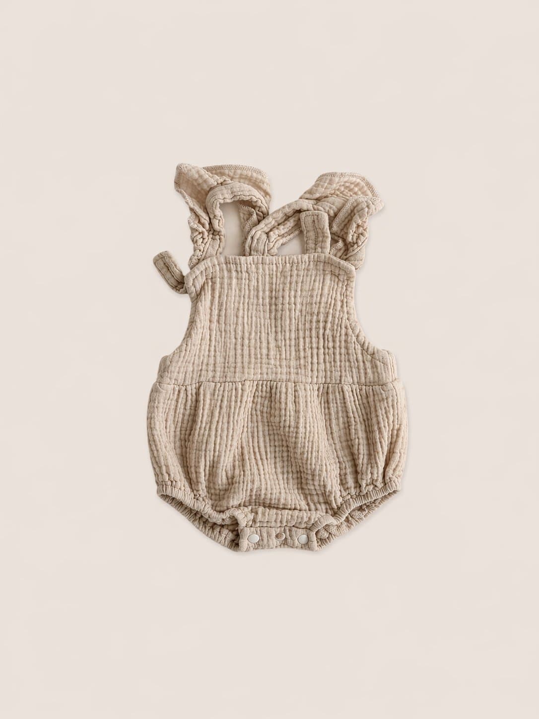 Boutique Baby Romper 0-3 Months | Neutral Beige Muslin Bubble | Ruffle Strap