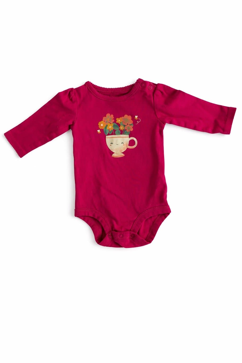 Carter’s 12M Pink Floral Teacup Onesie Long Sleeve Baby Girl Spring Outfit