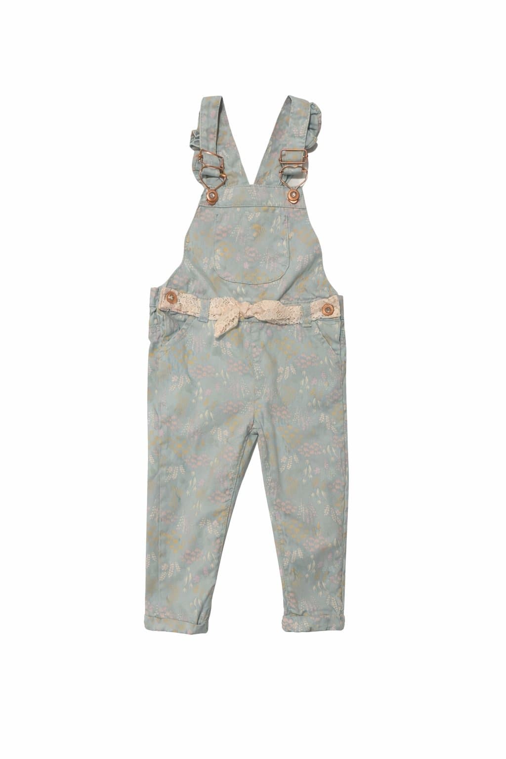 Toddler Girl Floral Overalls 2T Pastel Blue Spring Outfit Lace Belt Cotton