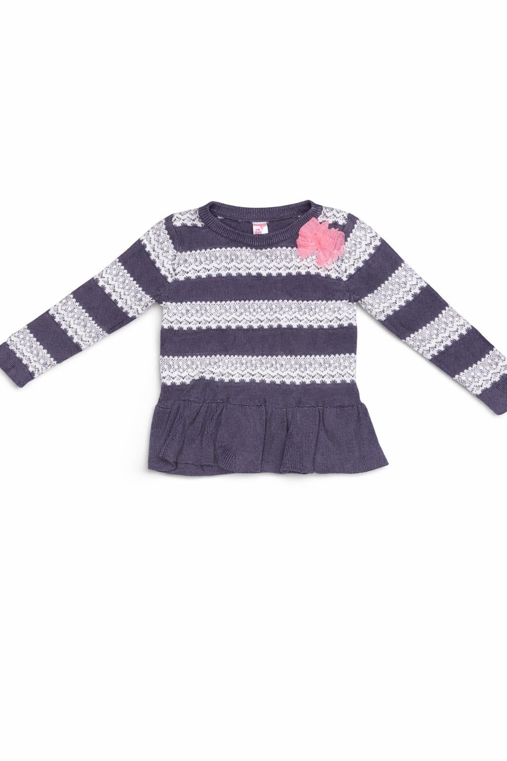 Cherokee 18M Girls Sweater Top Gray White Knit Ruffle Hem Pink Flower Toddler
