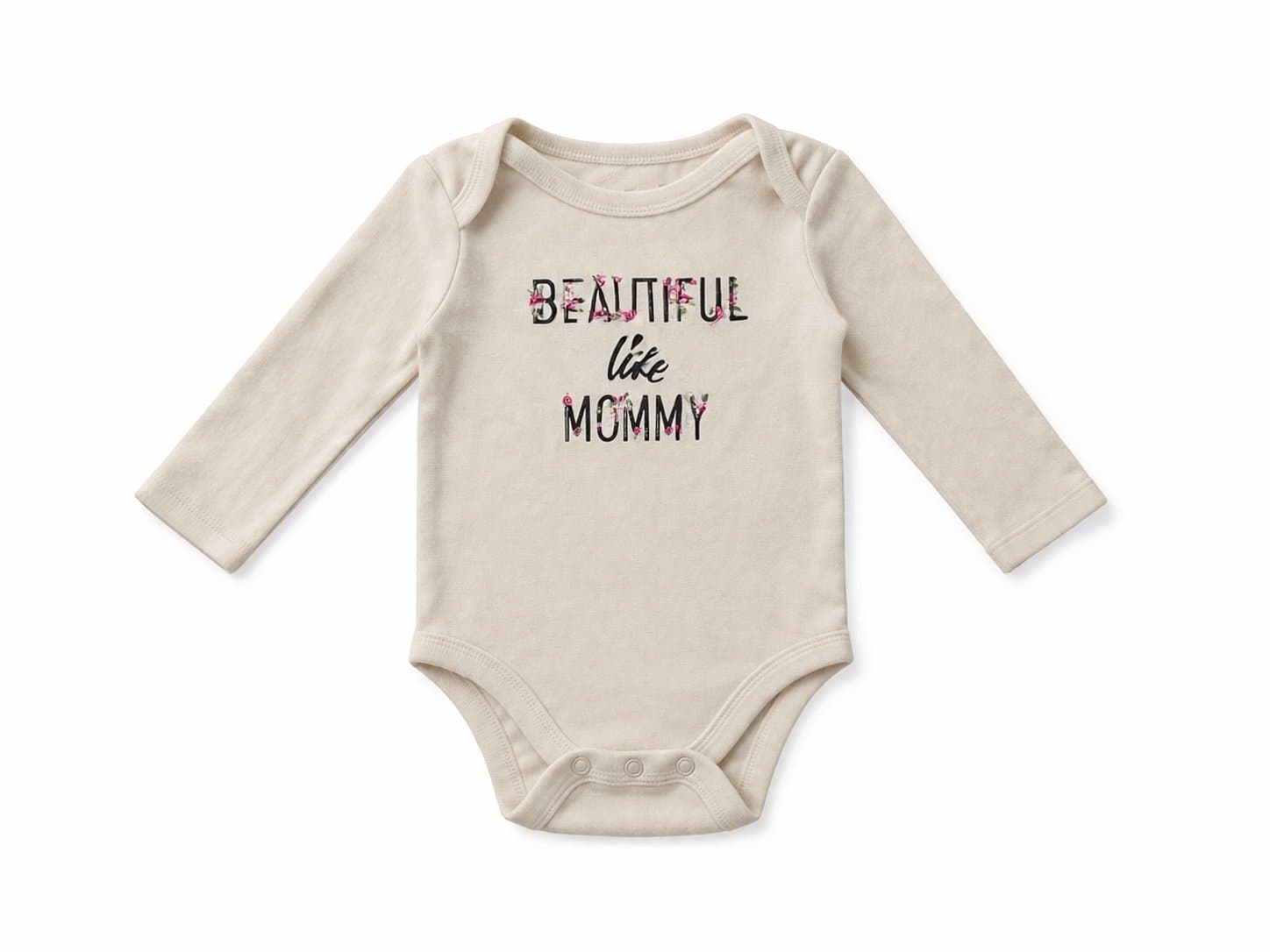 Baby Girl Outfit 9-12M “Beautiful Like Mommy” Cream Onesie, Floral Design