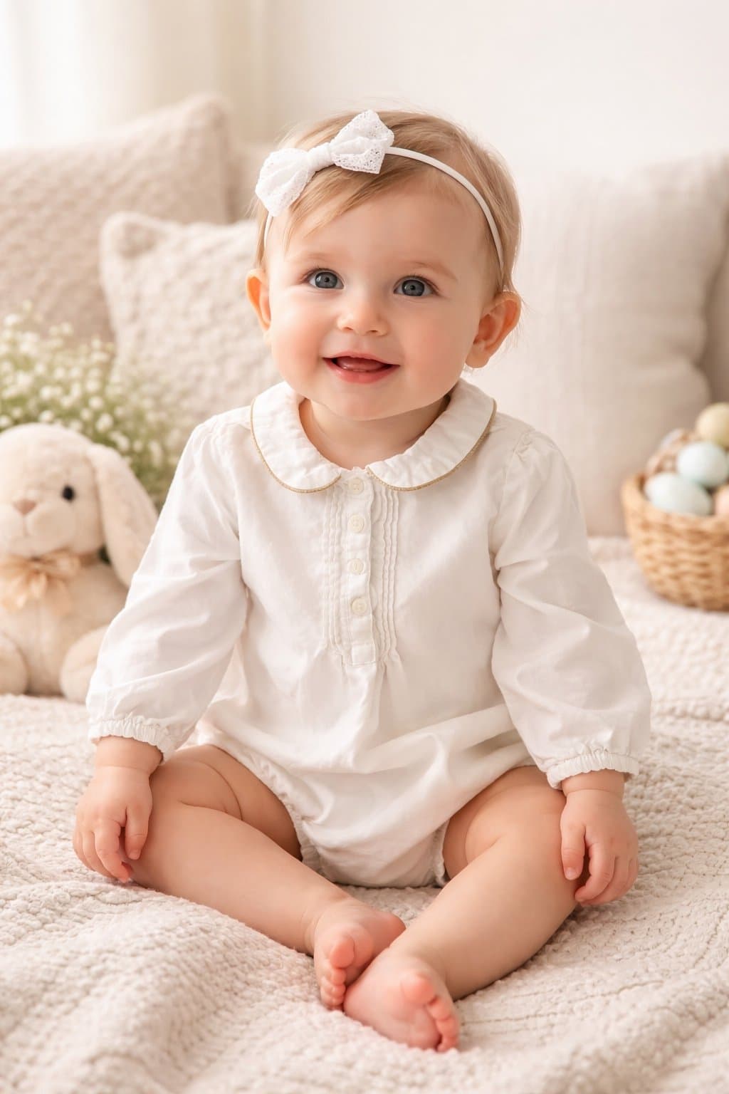 Baby B’gosh White Romper 18M Gold Trim Classic Outfit Long Sleeve Bubble