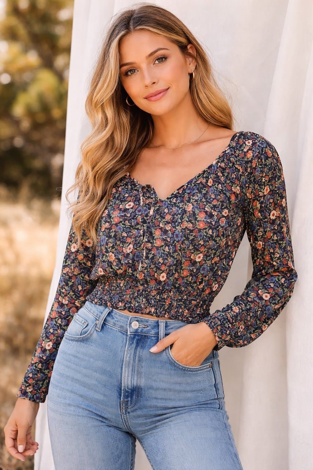 American Eagle Soft & Sexy Floral Smocked Crop Top Medium Boho Long Sleeve