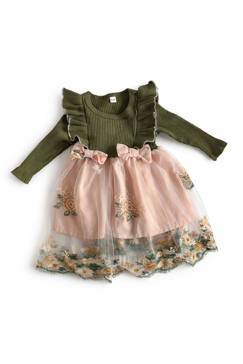 Boutique Baby Girl Dress 9-12M Pink Tulle Floral Embroidered Olive Ribbed Boho