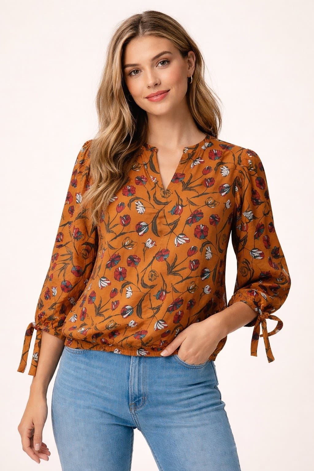 Maurices XS Rust Orange Floral Blouse Tie Sleeve Boho Top